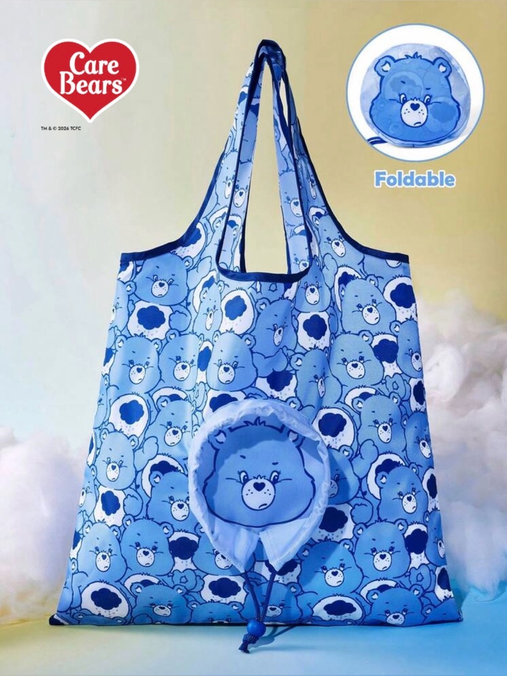 Care Bears Grumpy Bear Blue Eco Reusable Nylon Shopper Tote NEW Easy Fold